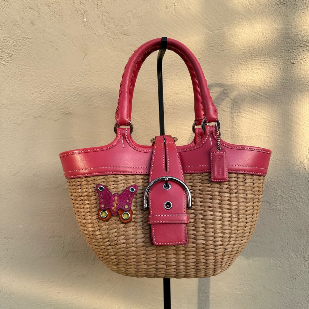 Coach Pink Trim Woven Straw Tote with Butterfly Patch